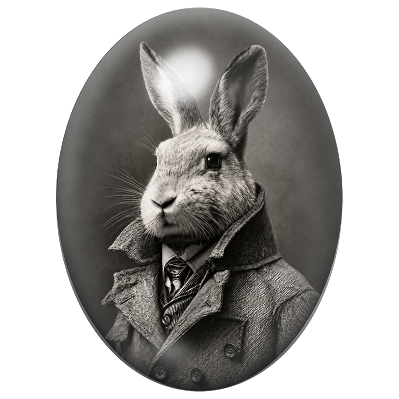 Cabochon en Verre Illustré Lapin Détective en Noir et Blanc 13x18, 18x25 ou 30x40mm