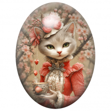 Cabochon en Verre Illustré Chatte Dame au Thé parmi les Fleurs de Cerisier 13x18, 18x25 ou 30x40mm pour la Création de Bijoux