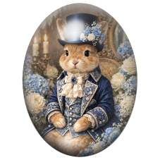 Cabochon en Verre Illustré Lapin Dandy aux Fleurs Bleues et Ivoire 13x18, 18x25 ou 30x40mm pour la Création de Bijoux Fantaisie