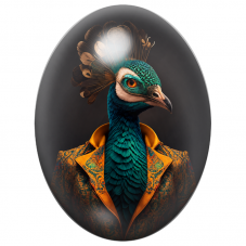 Cabochon en Verre Illustré Paon Gentleman au Costume Orange et Turquoise 13x18, 18x25 ou 30x40mm pour la Création de Bijoux