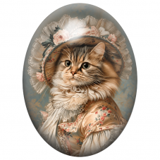 Cabochon en Verre Illustré Chat Marquise au Grand Chapeau Fleuri 13x18, 18x25 ou 30x40mm pour la Création de Bijoux Fantaisie