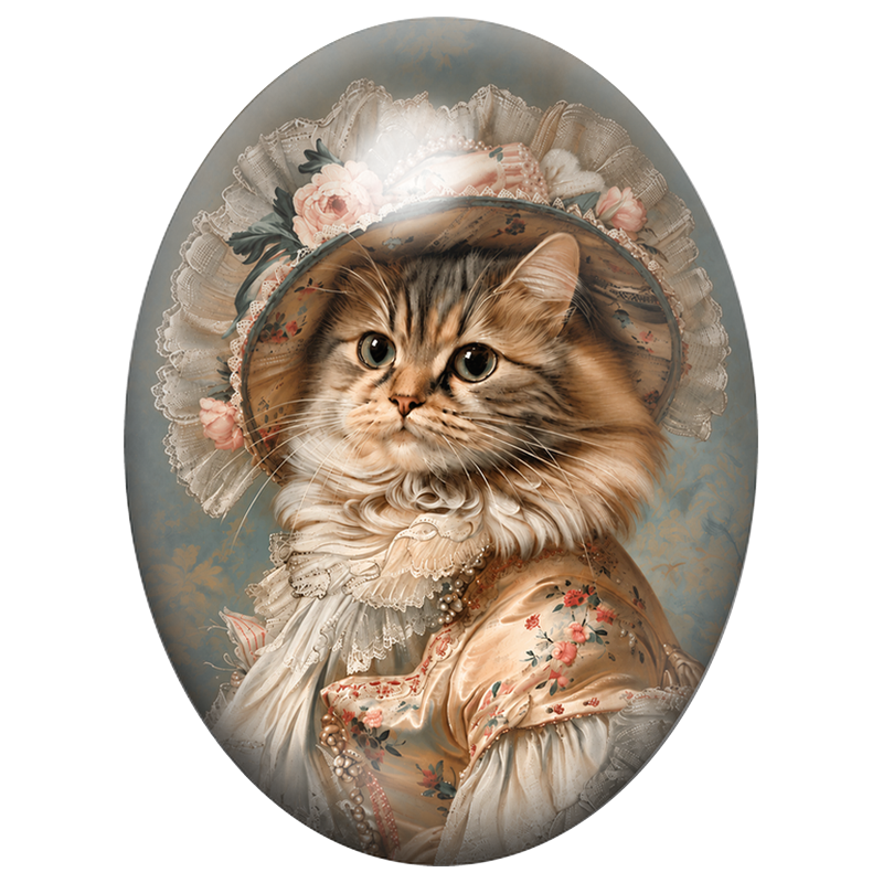 Cabochon en Verre Illustré Chat Marquise au Grand Chapeau Fleuri 13x18, 18x25 ou 30x40mm