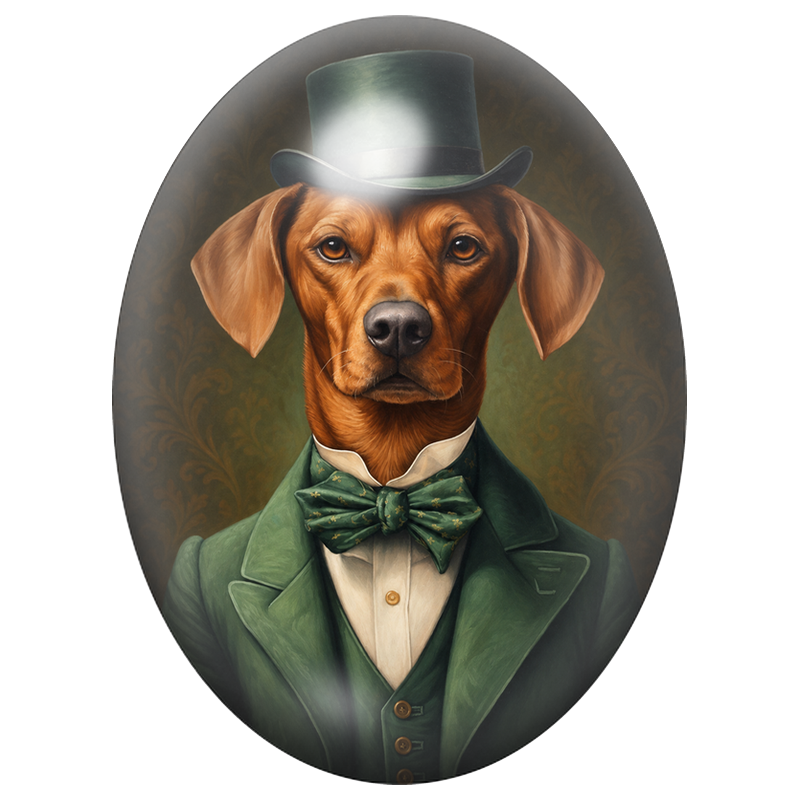 Cabochon en Verre Illustré Chien Gentleman au Costume Vert 13x18, 18x25 ou 30x40mm