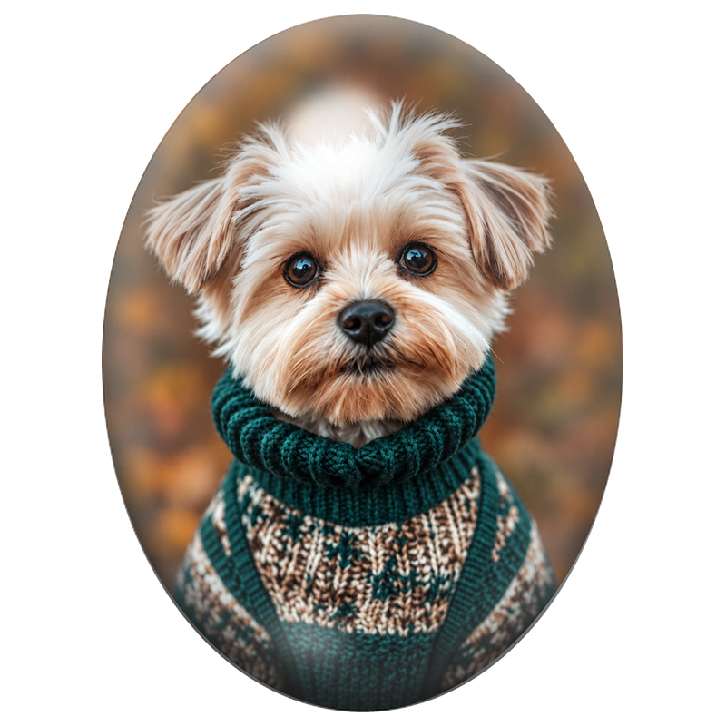 Cabochon en Verre Illustré Petit Chien au Pull Vert d’Automne 13x18, 18x25 ou 30x40mm