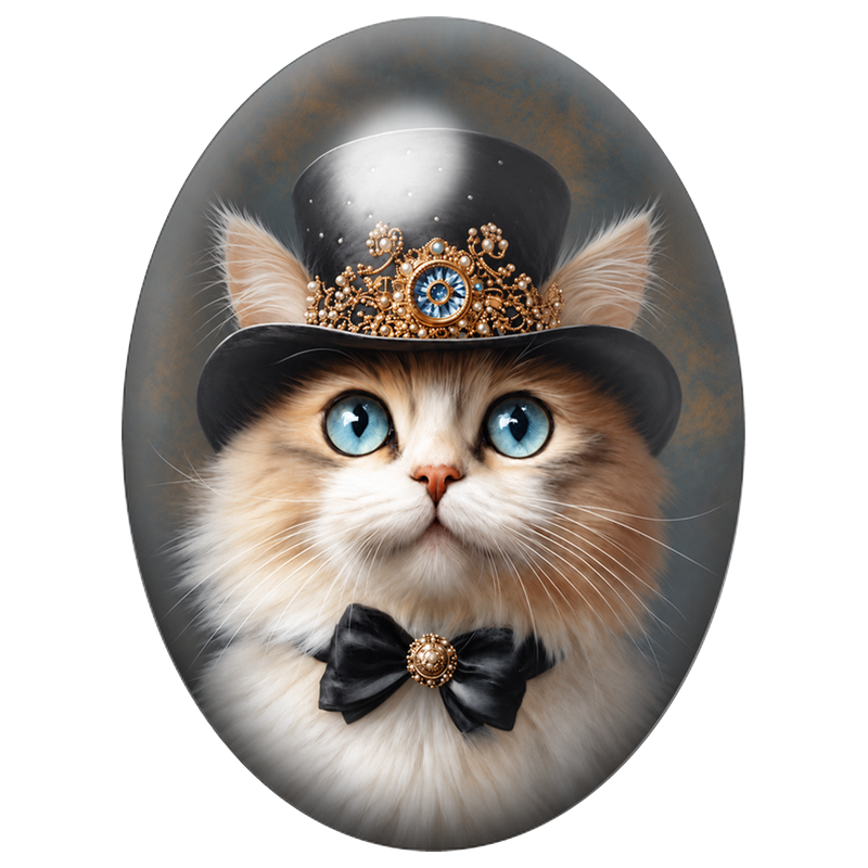 Cabochon en Verre Illustré Chat Gentleman au Haut-de-Forme Précieux 13x18, 18x25 ou 30x40mm