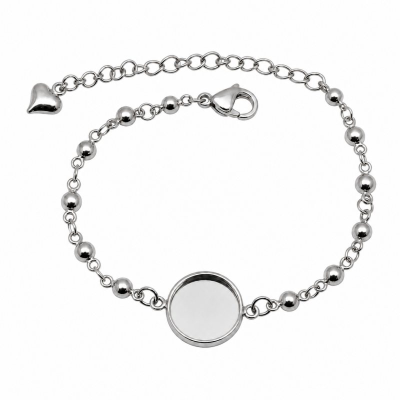 Support Bracelet en Acier Inoxydable Argenté avec Perles pour Cabochon 12mm