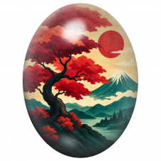 Cabochon en Verre Illustré Bonsaï Japonais au Soleil Rouge 13x18, 18x25 ou 30x40mm pour la Création de Bijoux Fantaisie - DIY