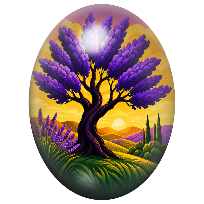 Cabochon en Verre Illustré Arbre aux Fleurs de Lavande 13x18, 18x25 ou 30x40mm