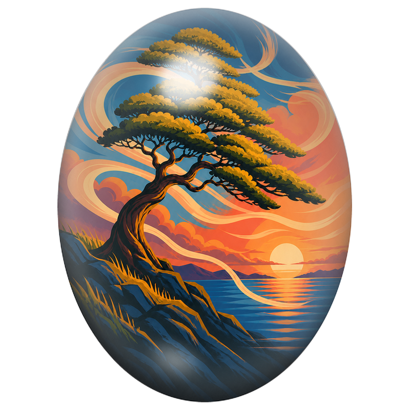 Cabochon en Verre Illustré Bonsaï au Bord de la Mer 13x18, 18x25 ou 30x40mm