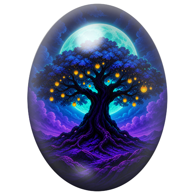 Cabochon en Verre Illustré Arbre aux Lanternes sous la Lune 13x18, 18x25 ou 30x40mm