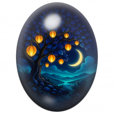 Cabochon en Verre Illustré Arbre Bleu aux Lanternes 13x18, 18x25 ou 30x40mm pour la Création de Bijoux Fantaisie - DIY