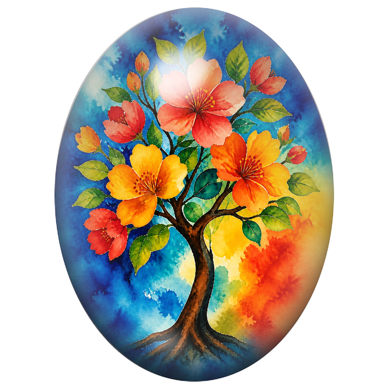 Cabochon en Verre Illustré Arbre aux Fleurs Exotiques 13x18, 18x25 ou 30x40mm