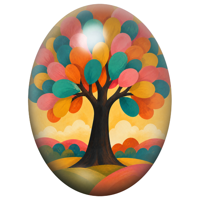 Cabochon en Verre Illustré Arbre aux Feuilles Colorées 13x18, 18x25 ou 30x40mm