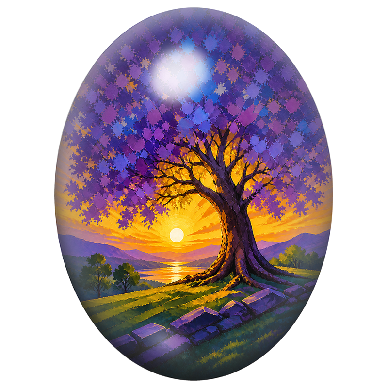 Cabochon en Verre Illustré Arbre Violet au Soleil Couchant 13x18, 18x25 ou 30x40mm