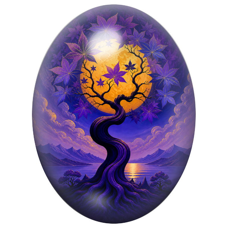 Cabochon en Verre Illustré Arbre aux Feuilles Violettes 13x18, 18x25 ou 30x40mm