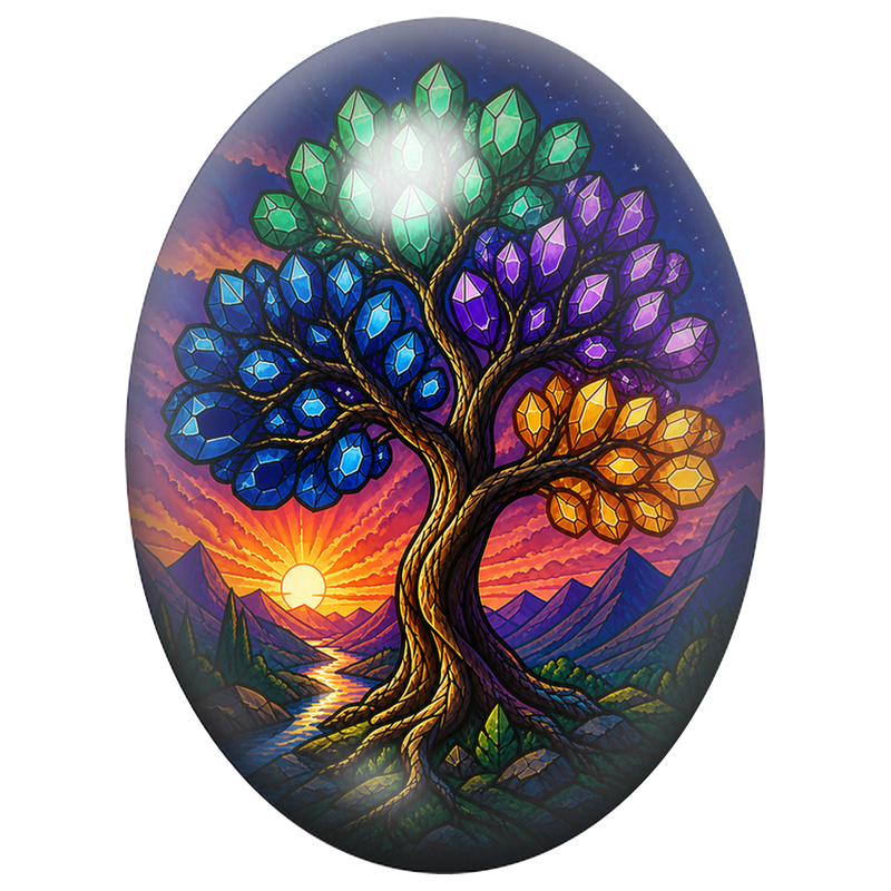 Cabochon en Verre Illustré Arbre aux Cristaux Colorés 13x18, 18x25 ou 30x40mm