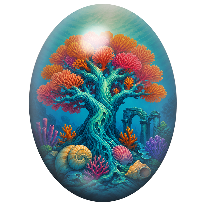 Cabochon en Verre Illustré Arbre Corail aux Coquillages 13x18, 18x25 ou 30x40mm