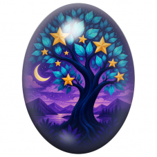 Cabochon en Verre Illustré Arbre aux Étoiles Dorées sur Lac Violet 13x18, 18x25 ou 30x40mm pour la Création de Bijoux Fantaisie 