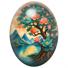 Cabochon en Verre Illustré Arbre aux Lotus 13x18, 18x25 ou 30x40mm pour la Création de Bijoux Fantaisie - DIY