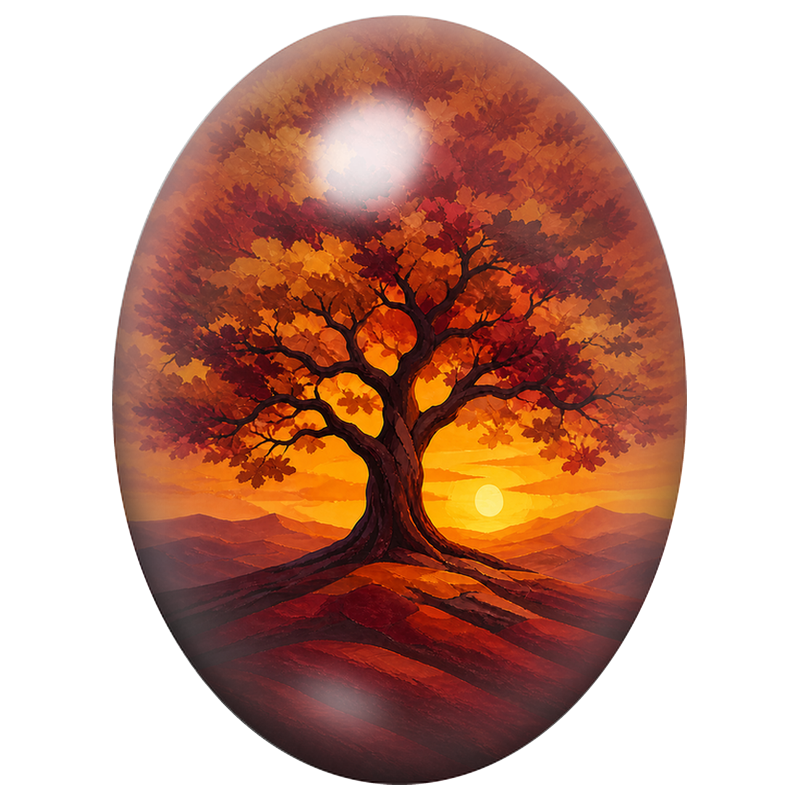Cabochon en Verre Illustré Arbre d’Automne aux Feuilles Rouges et Or 13x18, 18x25 ou 30x40mm