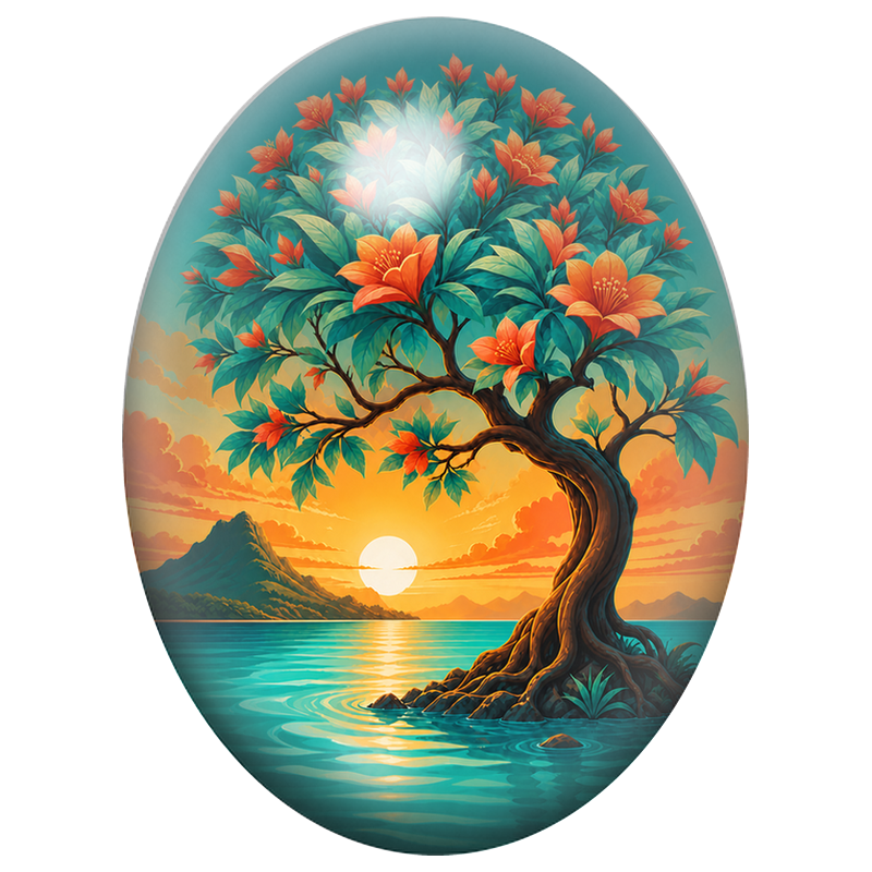 Cabochon en Verre Illustré Arbre Fleuri au Bord de la Mer 13x18, 18x25 ou 30x40mm