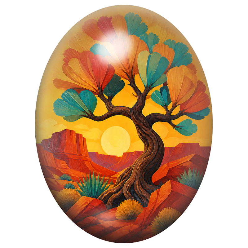 Cabochon en Verre Illustré Arbre aux Feuilles du Désert 13x18, 18x25 ou 30x40mm