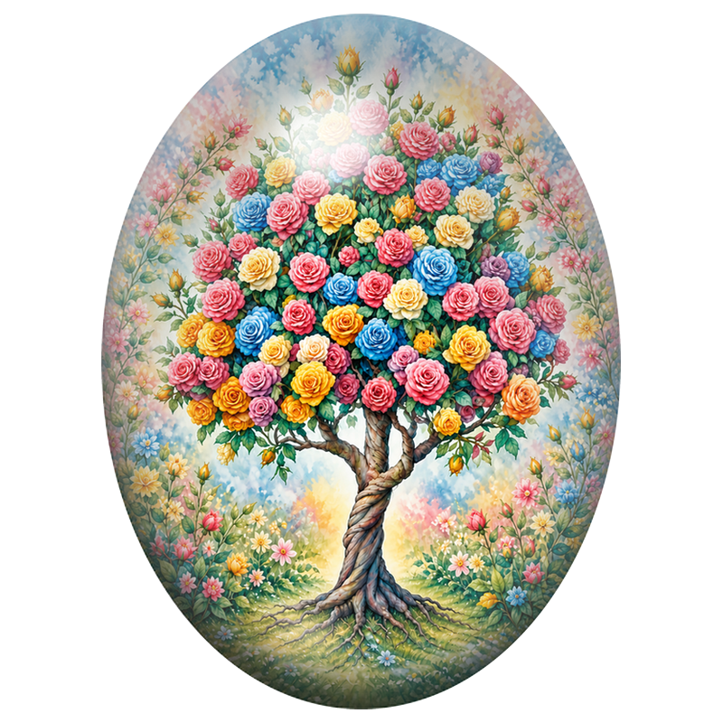 Cabochon en Verre Illustré Arbre aux Roses Multicolores au Tronc Tressé 13x18, 18x25 ou 30x40mm