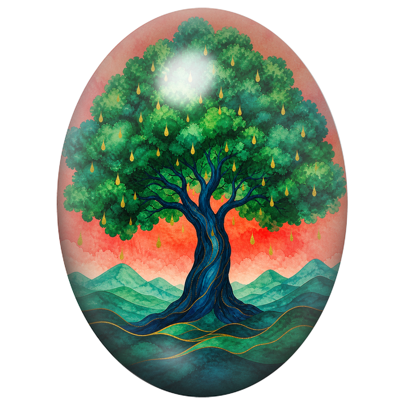 Cabochon en Verre Illustré Arbre aux Gouttes Dorées 13x18, 18x25 ou 30x40mm