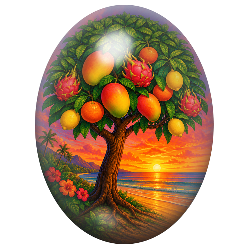 Cabochon en Verre Illustré Arbre Tropical aux Fruits 13x18, 18x25 ou 30x40mm