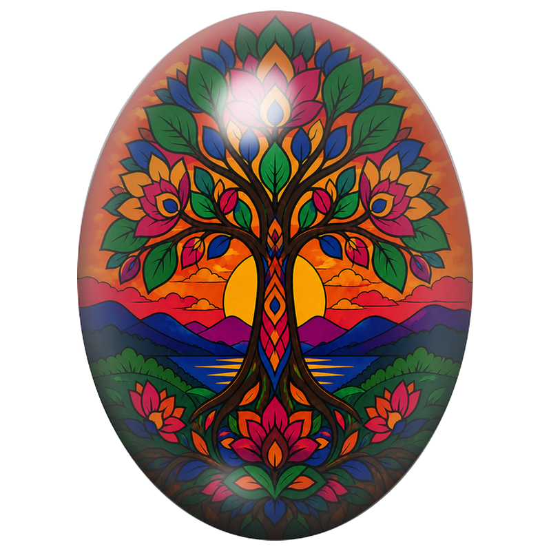 Cabochon en Verre Illustré Arbre Coloré au Soleil Couchant 13x18, 18x25 ou 30x40mm