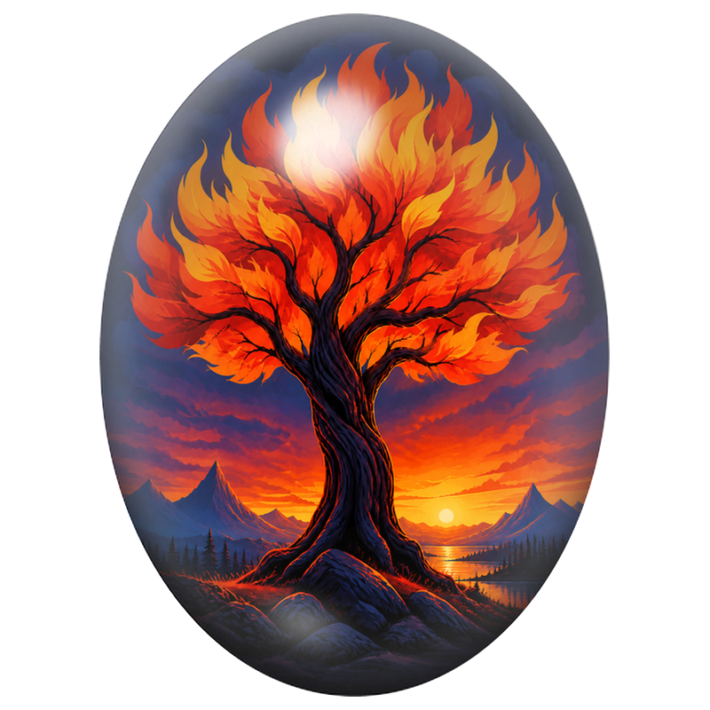 Cabochon en Verre Illustré Arbre Flamboyant au Crépuscule 13x18, 18x25 ou 30x40mm