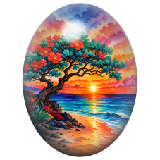 Cabochon en Verre Illustré Arbre Fleuri Face à la Mer 13x18, 18x25 ou 30x40mm pour la Création de Bijoux Fantaisie - DIY