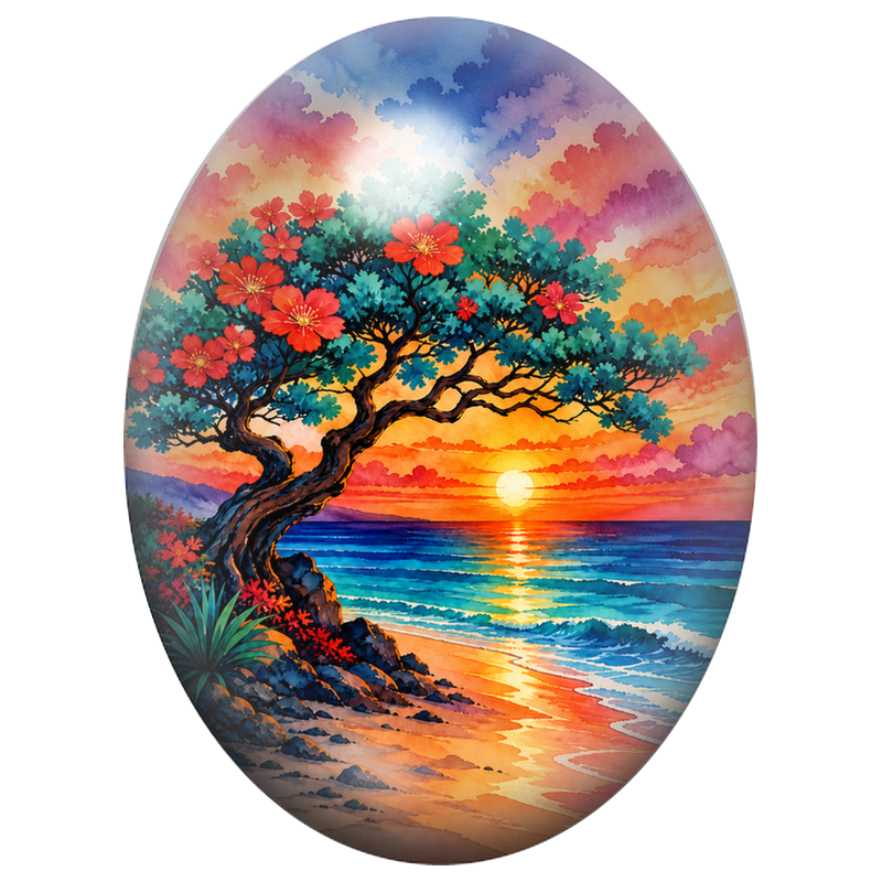 Cabochon en Verre Illustré Arbre Fleuri Face à la Mer 13x18, 18x25 ou 30x40mm