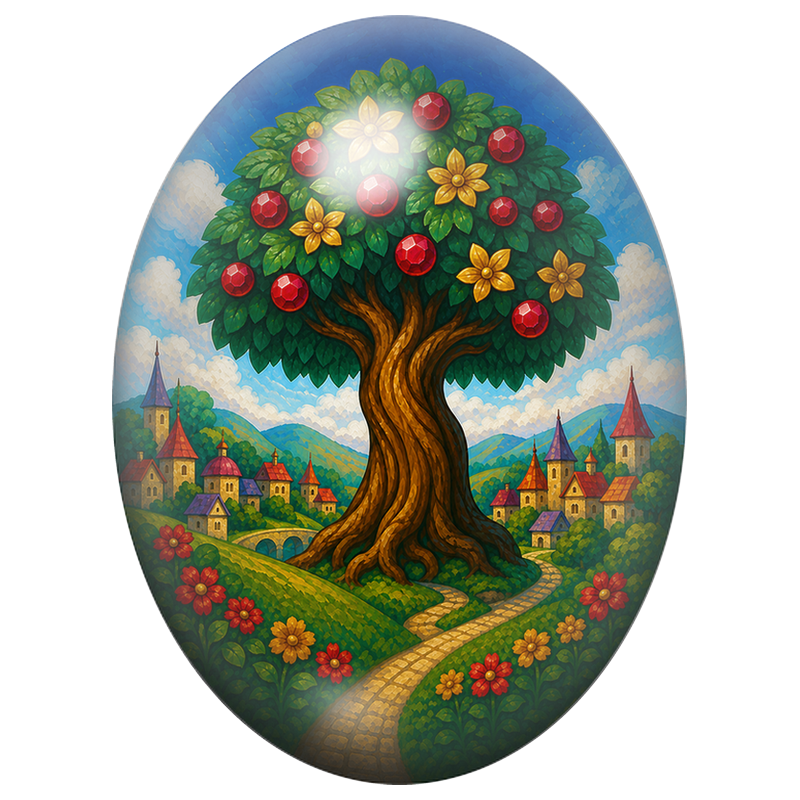 Cabochon en Verre Illustré Arbre aux Fruits Rouges du Village 13x18, 18x25 ou 30x40mm