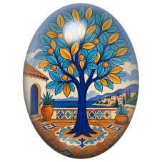 Cabochon en Verre Illustré Arbre Bleu aux Fruits d'Or 13x18, 18x25 ou 30x40mm pour la Création de Bijoux Fantaisie - DIY