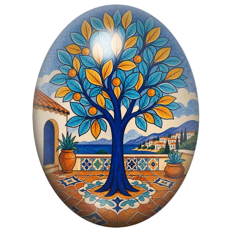 Cabochon en Verre Illustré Arbre Bleu aux Fruits d'Or 13x18, 18x25 ou 30x40mm