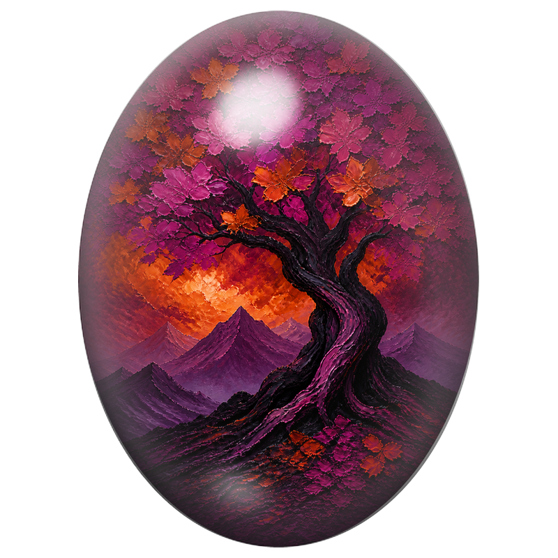 Cabochon en Verre Illustré Arbre Pourpre sous le Ciel de Feu 13x18, 18x25 ou 30x40mm