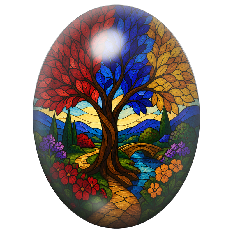 Cabochon en Verre Illustré Arbre aux Trois Feuillages 13x18, 18x25 ou 30x40mm