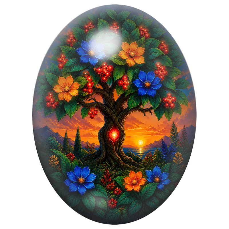 Cabochon en Verre Illustré Arbre Fleuri au Cœur Lumineux 13x18, 18x25 ou 30x40mm
