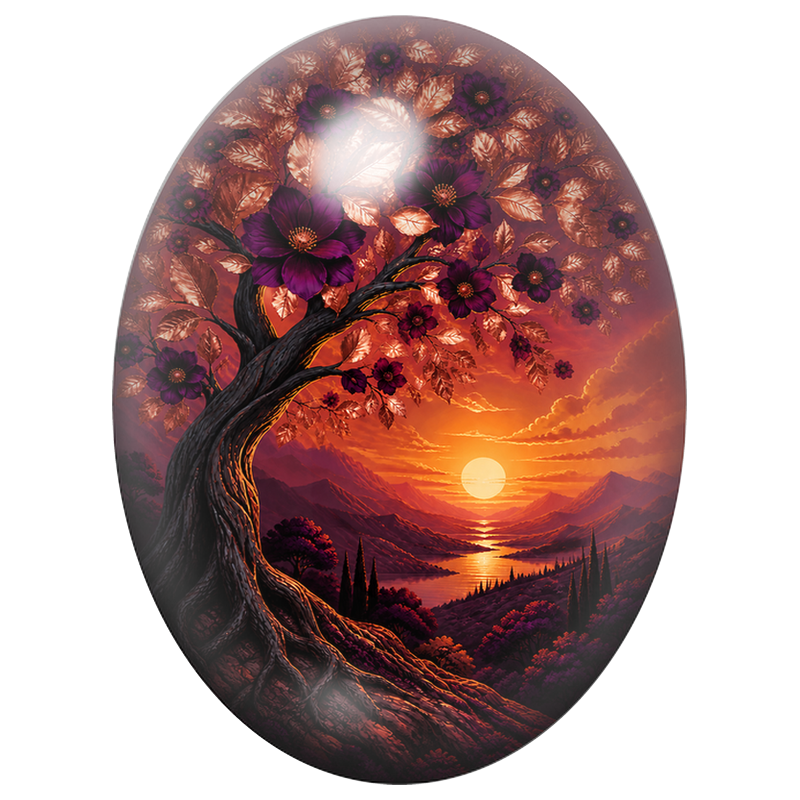 Cabochon en Verre Illustré Arbre aux Fleurs Cuivrées 13x18, 18x25 ou 30x40mm