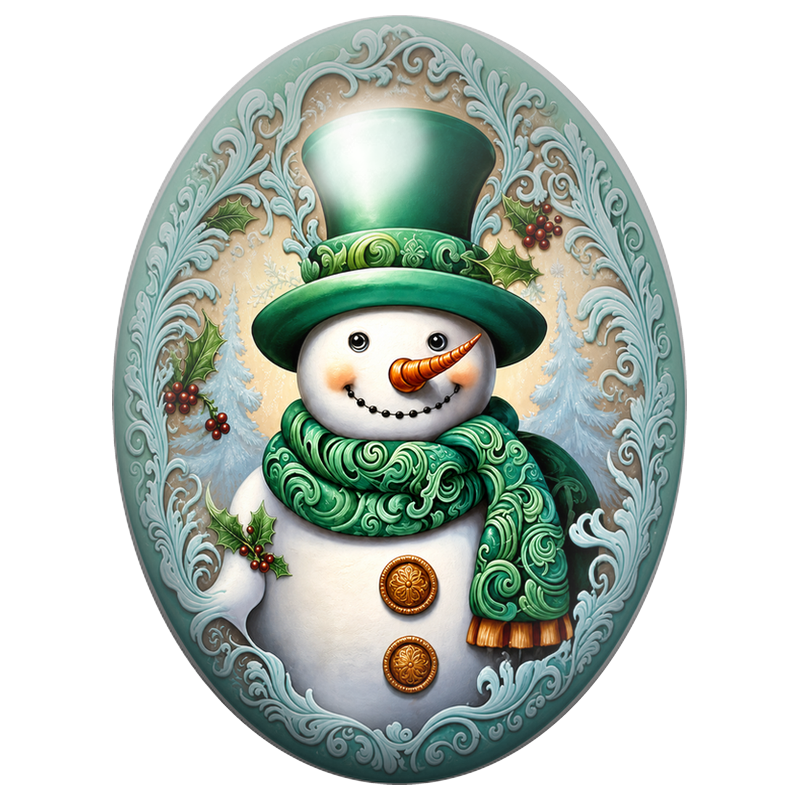Cabochon en Verre Illustré Bonhomme de Neige au Haut-de-Forme Vert 13x18, 18x25 ou 30x40mm