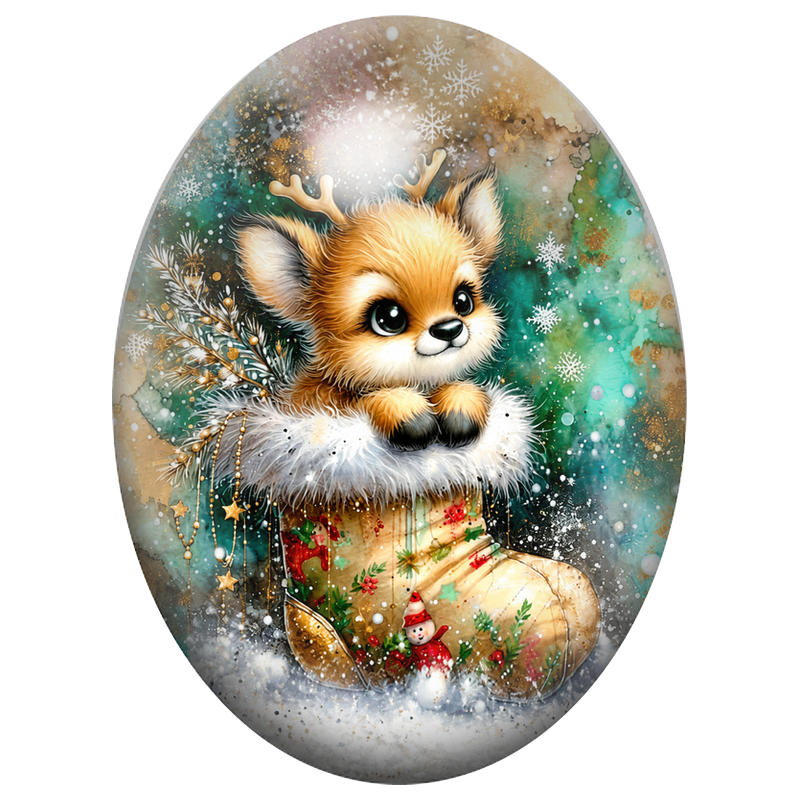 Cabochon en Verre Illustré Petit Renne sur une Botte de Noël 13x18, 18x25 ou 30x40mm