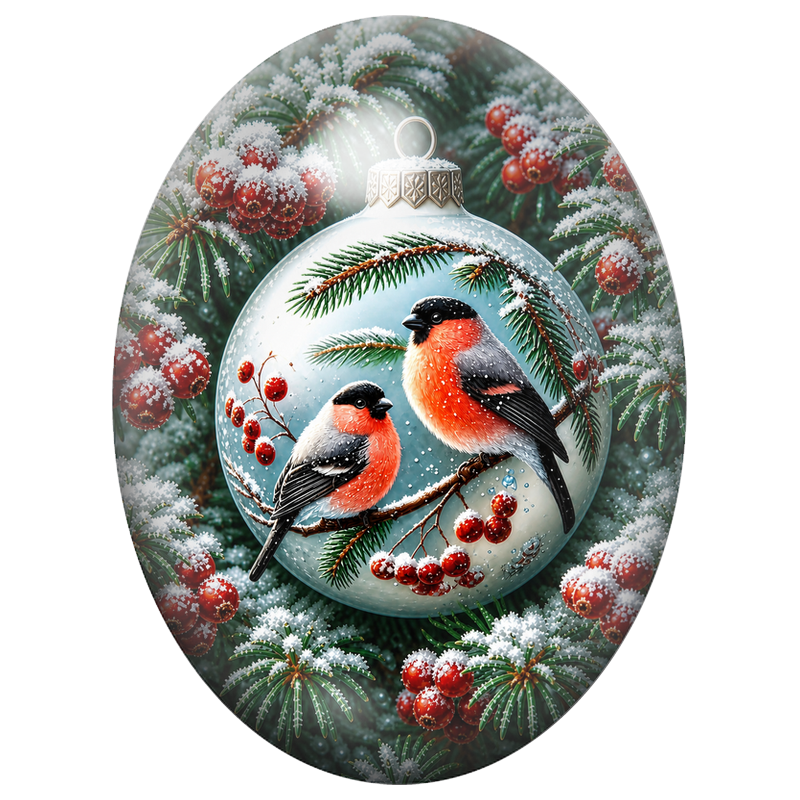 Cabochon en Verre Illustré Deux Bouvreuils dans une Boule de Noël 13x18, 18x25 ou 30x40mm