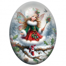 Cabochon en Verre Illustré Fée de Noël sur une Branche Enneigée 13x18, 18x25 ou 30x40mm pour la Création de Bijoux Fantaisie - D