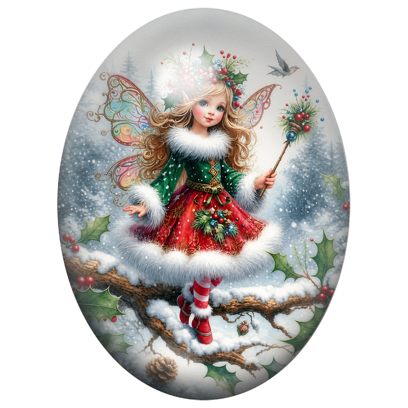 Cabochon en Verre Illustré Fée de Noël sur une Branche Enneigée 13x18, 18x25 ou 30x40mm