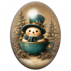Cabochon en Verre Illustré Bonhomme de Neige dans une Tasse Bleue 13x18, 18x25 ou 30x40mm pour la Création de Bijoux Fantaisie -