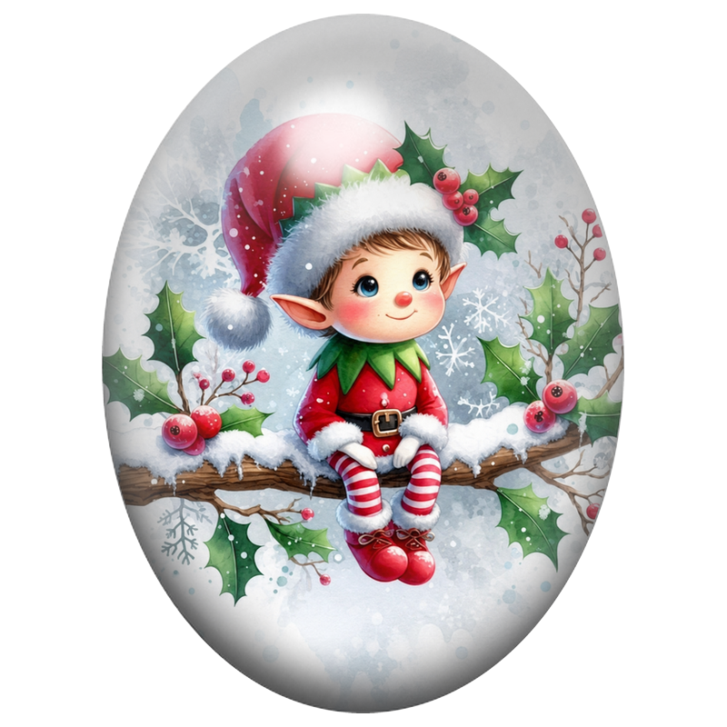 Cabochon en Verre Illustré Petit Elfe de Noël sur une Branche 13x18, 18x25 ou 30x40mm