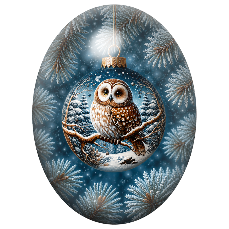 Cabochon en Verre Illustré Chouette dans une Boule de Noël Bleue 13x18, 18x25 ou 30x40mm