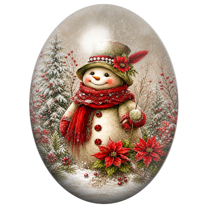 Cabochon en Verre Illustré Bonhomme de Neige aux Poinsettias Rouges 13x18, 18x25 ou 30x40mm