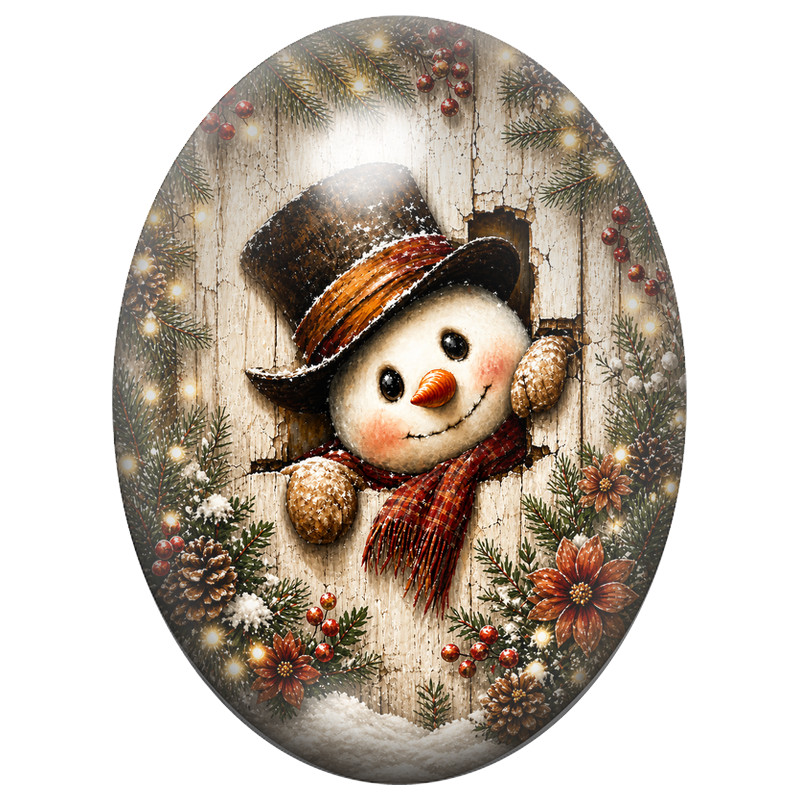 Cabochon en Verre Illustré Bonhomme de Neige à la Fenêtre de Bois 13x18, 18x25 ou 30x40mm